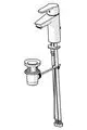 Waschtischarmatur von HANSA mit einem modernen, geraden Design und einem hohen Auslauf, verbunden mit einem Abflussmechanismus. Edelstahlrohre sind sichtbar.